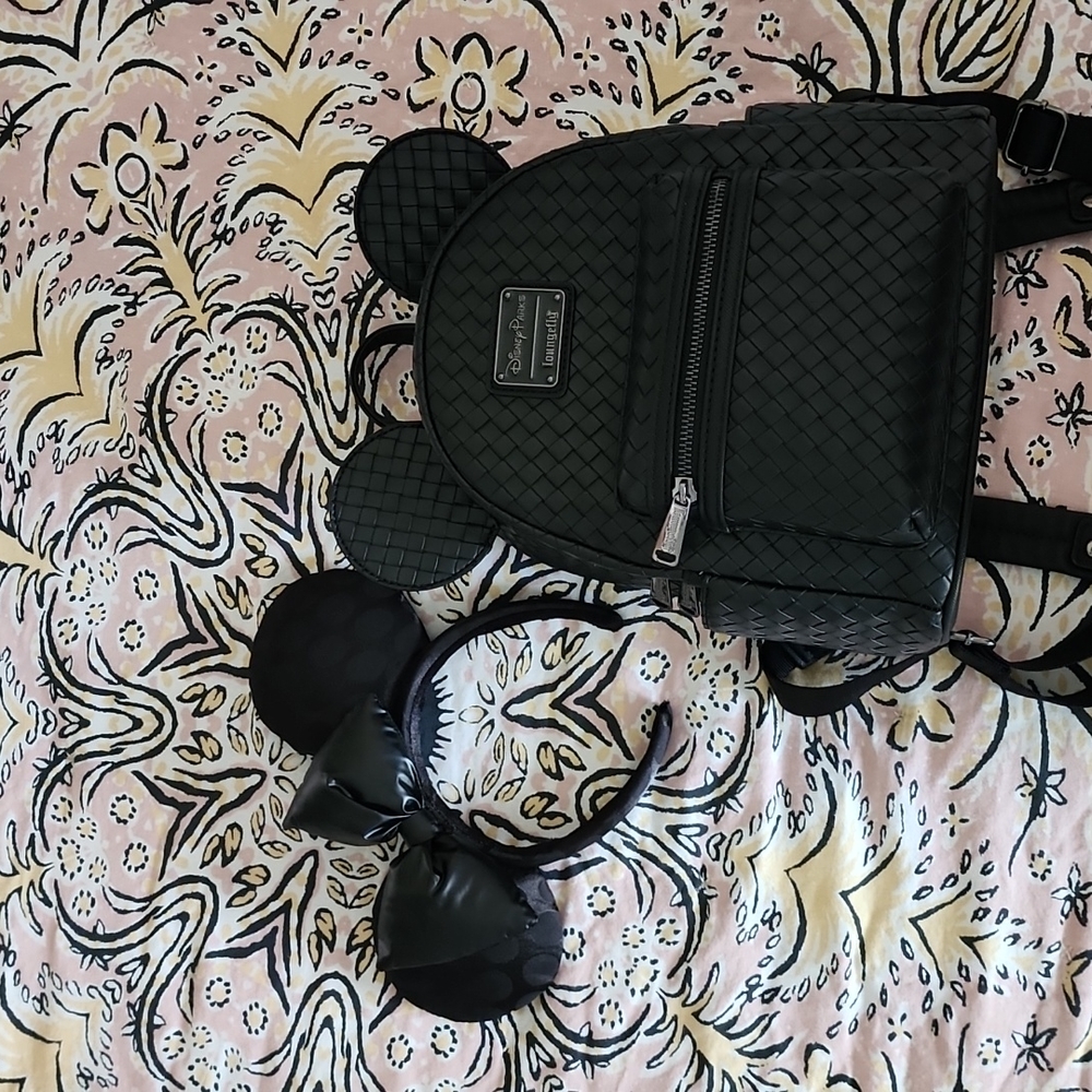 Disney Parks Black Woven Mickey Loungefly Backpack and Ears